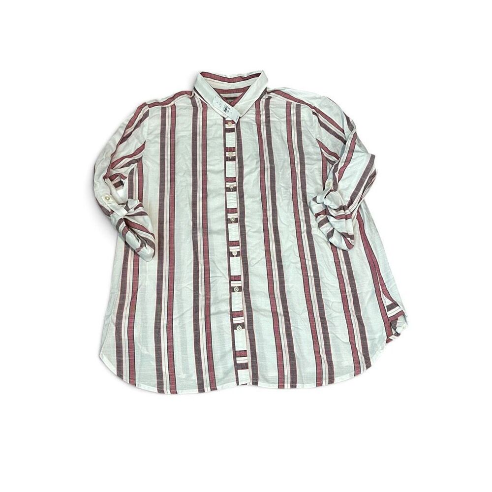 LOFT Button Shirt Striped Roll Tab Long Sleeve Layering Collared Work Top L NEW